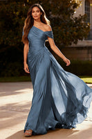 Laden Sie das Bild in den Galerie-Viewer, Dusty Sage Chiffon Eine Schulter A Linie Plissee Langes Abendkleid