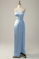 Laden Sie das Bild in den Galerie-Viewer, Spaghettiträger ausgeschnittenes oliv langes Brautjungfernkleid mit Schlitz