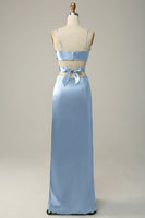 Laden Sie das Bild in den Galerie-Viewer, Spaghettiträger ausgeschnittenes oliv langes Brautjungfernkleid mit Schlitz