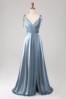 Laden Sie das Bild in den Galerie-Viewer, Einfaches dunkelgrünes Spaghettiträger Ballkleid mit Rüschen und Schlitz