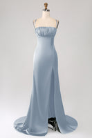 Laden Sie das Bild in den Galerie-Viewer, Dunkelgrünes Meerjungfrauen Spaghettiträger Satin Ballkleid mit Plissee