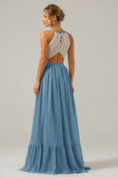 Laden Sie das Bild in den Galerie-Viewer, Eukalyptus Schlüsselloch Boho Chiffon Langes Brautjungfernkleid mit Spitze