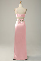 Laden Sie das Bild in den Galerie-Viewer, Spaghettiträger ausgeschnittenes oliv langes Brautjungfernkleid mit Schlitz