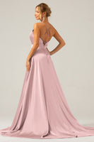 Laden Sie das Bild in den Galerie-Viewer, Königsblaues Langes A-Linie Spaghettiträger Satin Ballkleid mit Schlitz