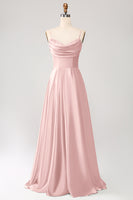 Laden Sie das Bild in den Galerie-Viewer, Staubiger Salbei A Linie Wasserfallausschnitt Satin Langes Ballkleid mit Plissee