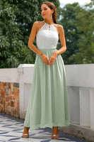 Laden Sie das Bild in den Galerie-Viewer, Zapaka Damen Kleider für Hochzeitsgäste Langes A-Linie Rundhals Chiffon DustySage Abendkleid Brautjungfernkleid mit Spitze