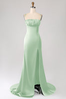 Laden Sie das Bild in den Galerie-Viewer, Dunkelgrünes Meerjungfrauen Spaghettiträger Satin Ballkleid mit Plissee