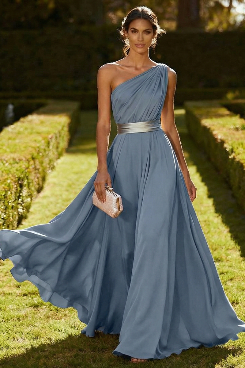 Laden Sie das Bild in den Galerie-Viewer, Eine Schulter Olive A-Linie Chiffon Maxi-Kleid