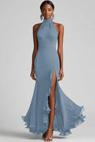 Laden Sie das Bild in den Galerie-Viewer, Schwarzes Meerjungfrau Langes Neckholder Rüschen Abendkleid mit Schlitz