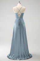 Laden Sie das Bild in den Galerie-Viewer, Dunkelgrünes langes A-Linie Satin Brautjungfernkleid mit Rüsche und Schnürung