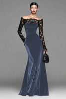 Laden Sie das Bild in den Galerie-Viewer, Burgunder Meerjungfrauen Ballkleid aus Samt mit langen Ärmeln und Spitze