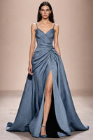 Laden Sie das Bild in den Galerie-Viewer, Dunkelblaues Spaghettiträgern Abendkleid aus Satin in A-Linie mit Schlitz