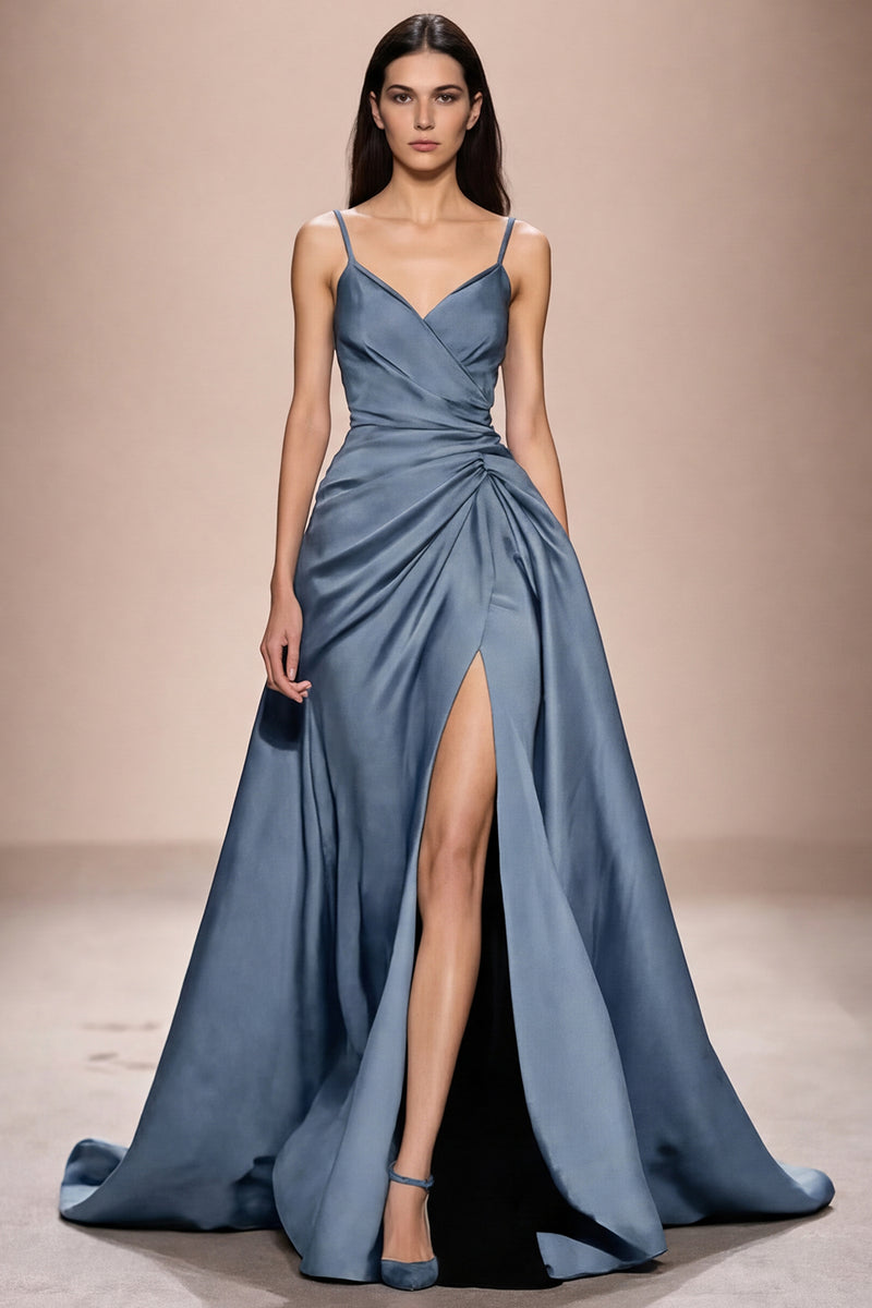 Laden Sie das Bild in den Galerie-Viewer, Dunkelblaues Spaghettiträgern Abendkleid aus Satin in A-Linie mit Schlitz
