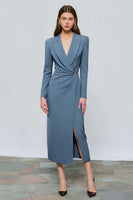 Laden Sie das Bild in den Galerie-Viewer, Rotes Langärmeliges Arbeitskleid mit Peak Revers und Schlitz