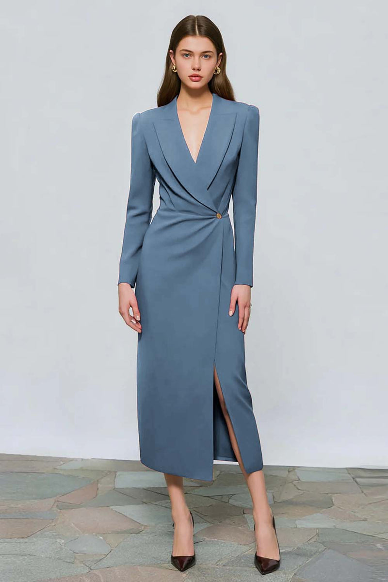 Laden Sie das Bild in den Galerie-Viewer, Rotes Langärmeliges Arbeitskleid mit Peak Revers und Schlitz