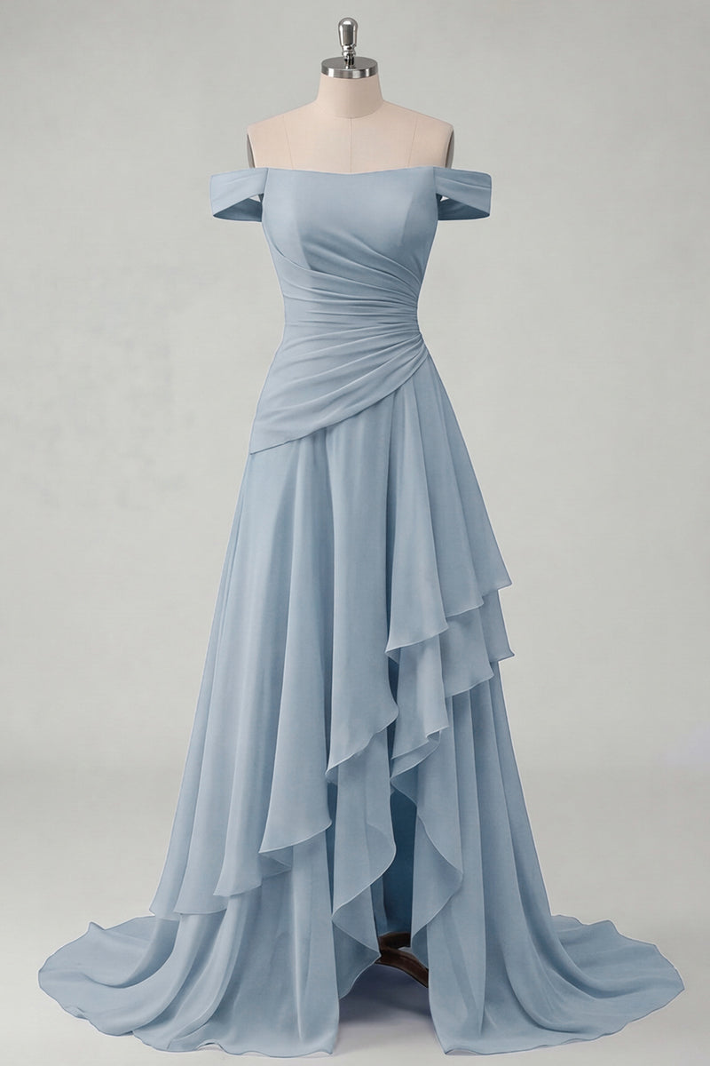 Laden Sie das Bild in den Galerie-Viewer, Schulterfreies Chiffon Buttergelbes A-Linie Gerafftes Maxikleid mit Schlitz