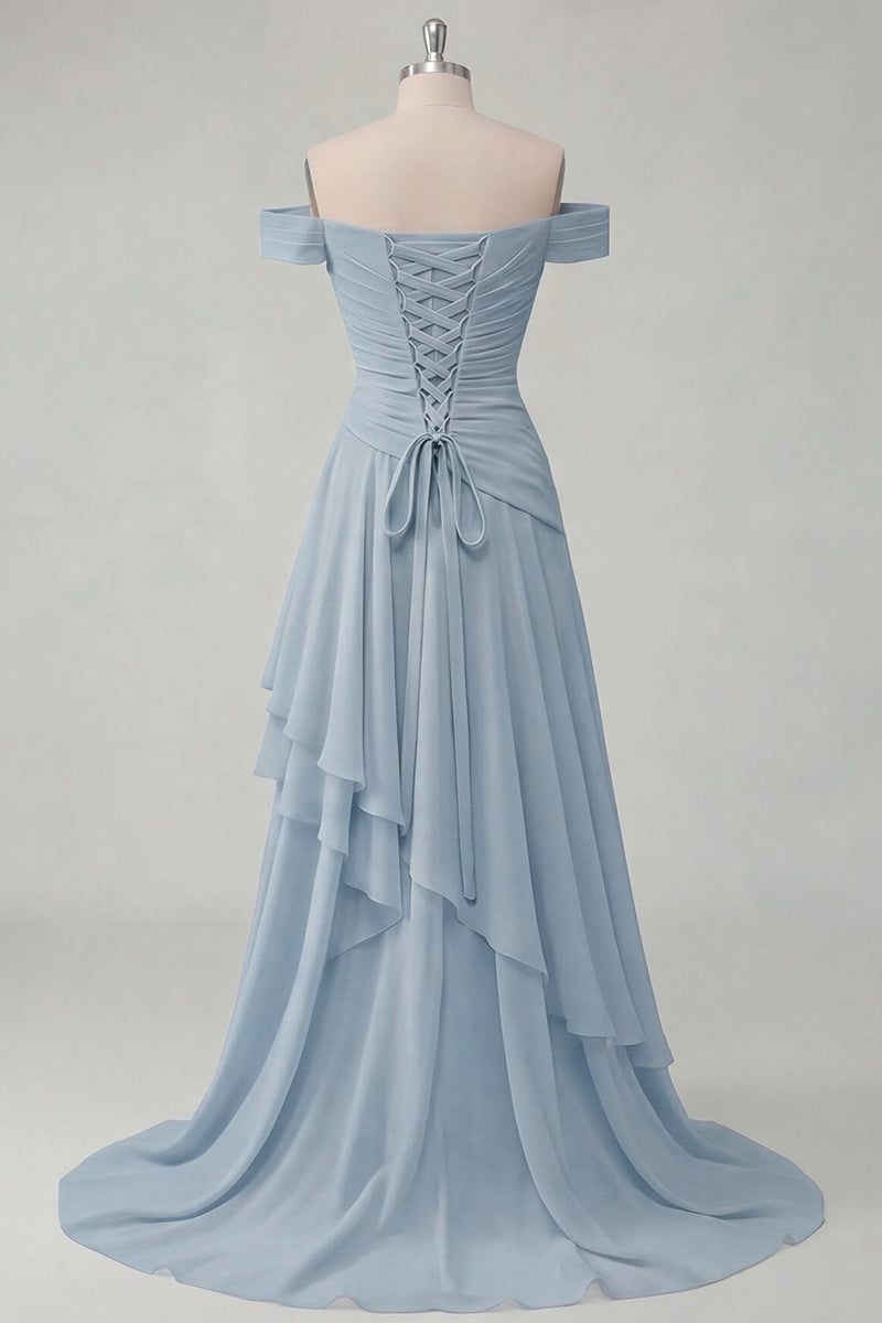 Laden Sie das Bild in den Galerie-Viewer, Schulterfreies Chiffon Buttergelbes A-Linie Gerafftes Maxikleid mit Schlitz