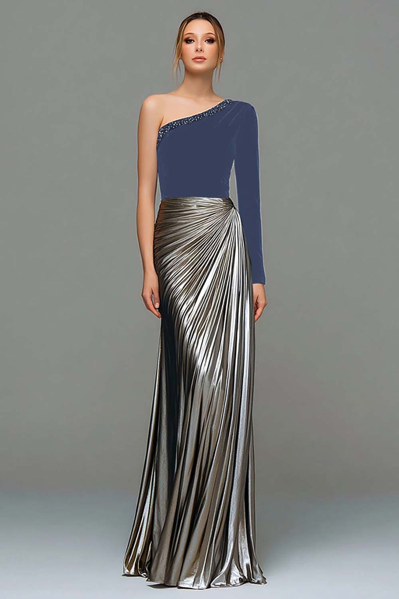 Laden Sie das Bild in den Galerie-Viewer, Schwarzes und Graues A-Linie Ballkleid aus Metallic-Satin mit einer Schulter