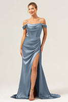 Laden Sie das Bild in den Galerie-Viewer, Kaffee Meerjungfrau Schulterkaltes Korsett Rüschen Langes Brautjungfernkleid mit Schlitz