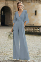 Laden Sie das Bild in den Galerie-Viewer, Einfacher Elfenbein Hochzeits-Jumpsuit mit V-Ausschnitt und Tasche