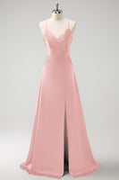 Laden Sie das Bild in den Galerie-Viewer, Dunkelgrünes langes A-Linie Satin Brautjungfernkleid mit Rüsche und Schnürung