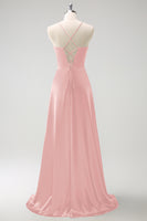 Laden Sie das Bild in den Galerie-Viewer, Dunkelgrünes langes A-Linie Satin Brautjungfernkleid mit Rüsche und Schnürung