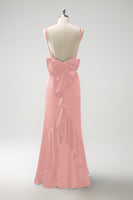 Laden Sie das Bild in den Galerie-Viewer, Schwarzes Meerjungfrau Spaghettiträger Langes Satin Brautjungfernkleid mit Rüschen und Schleife