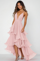 Laden Sie das Bild in den Galerie-Viewer, Rotes Gestuftes Ballkleid aus Chiffon mit Spaghettiträgern und Rüschen