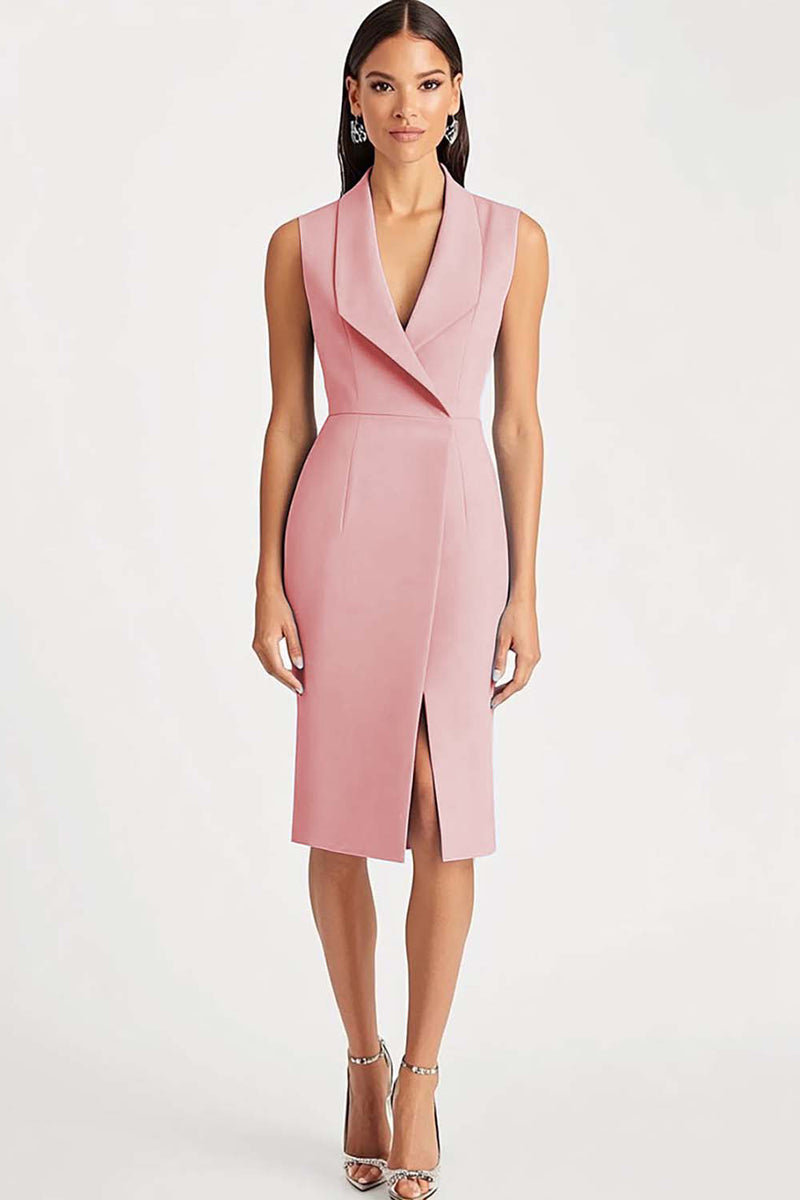 Laden Sie das Bild in den Galerie-Viewer, Himmelblaues Knielanges Schal-Revers Arbeitskleid aus Satin mit Schlitz