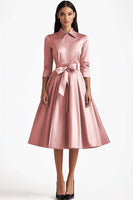 Laden Sie das Bild in den Galerie-Viewer, Blaues A-Linie Mittellanges Partykleid mit langen Ärmeln und Knopfverschlüssen