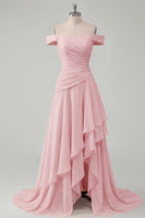 Laden Sie das Bild in den Galerie-Viewer, Schulterfreies Chiffon Buttergelbes A-Linie Gerafftes Maxikleid mit Schlitz