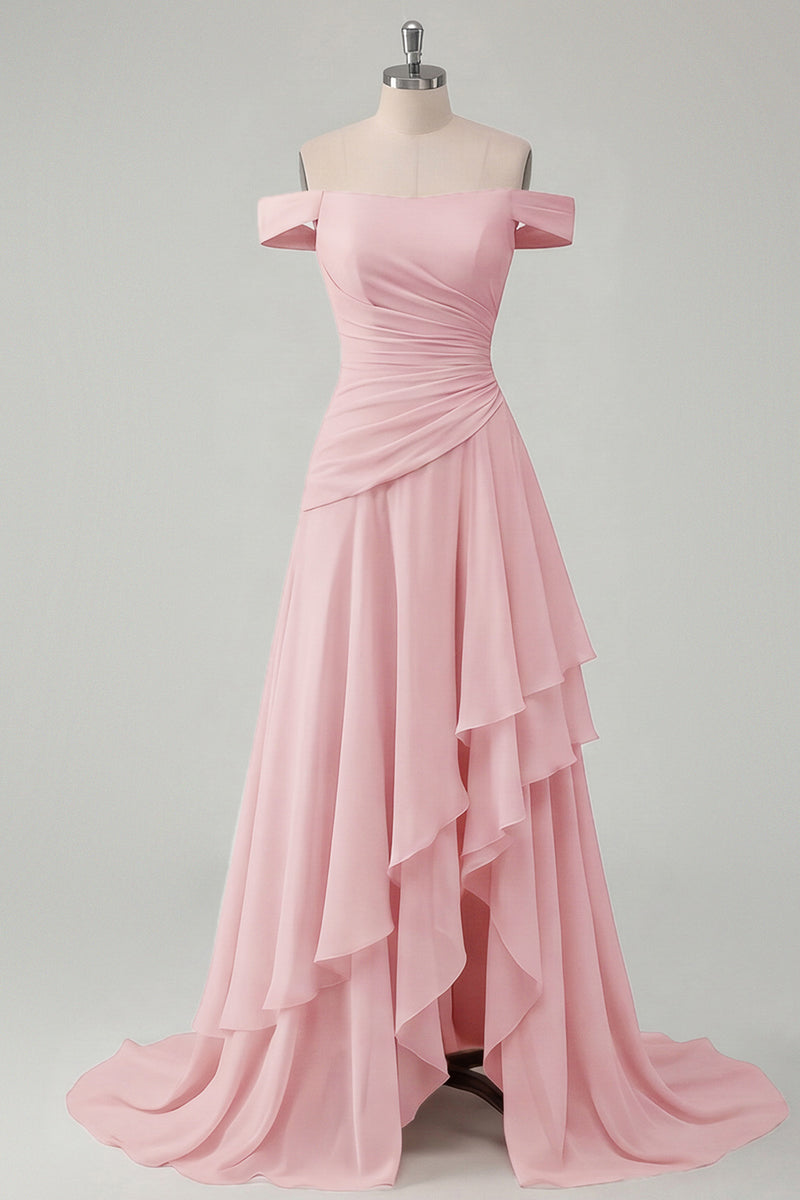 Laden Sie das Bild in den Galerie-Viewer, Schulterfreies Chiffon Buttergelbes A-Linie Gerafftes Maxikleid mit Schlitz