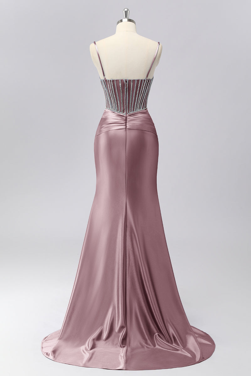 Laden Sie das Bild in den Galerie-Viewer, Glitzerndes Grau-blaues Spaghettiträger Meerjungfrauen Satin Ballkleid mit Strasssteinen