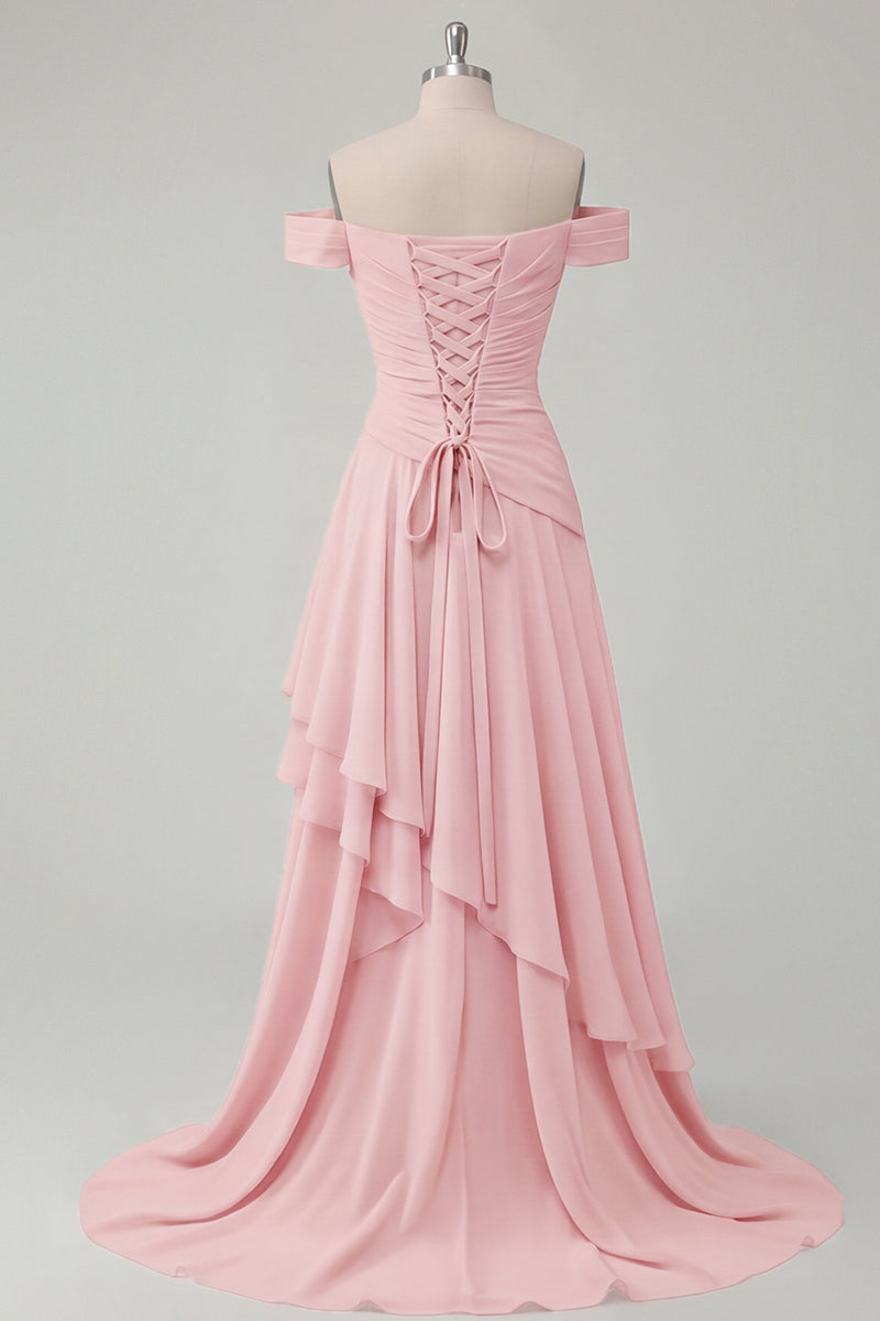 Laden Sie das Bild in den Galerie-Viewer, Schulterfreies Chiffon Buttergelbes A-Linie Gerafftes Maxikleid mit Schlitz