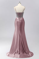 Laden Sie das Bild in den Galerie-Viewer, Glitzerndes Graues Blaues Meerjungfrauen Korsett Gerafftes Satin Langes Ballkleid mit Strasssteinen