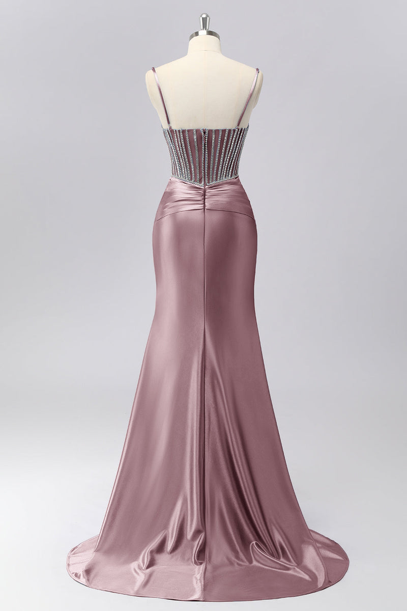 Laden Sie das Bild in den Galerie-Viewer, Glitzerndes Graues Blaues Meerjungfrauen Korsett Gerafftes Satin Langes Ballkleid mit Strasssteinen