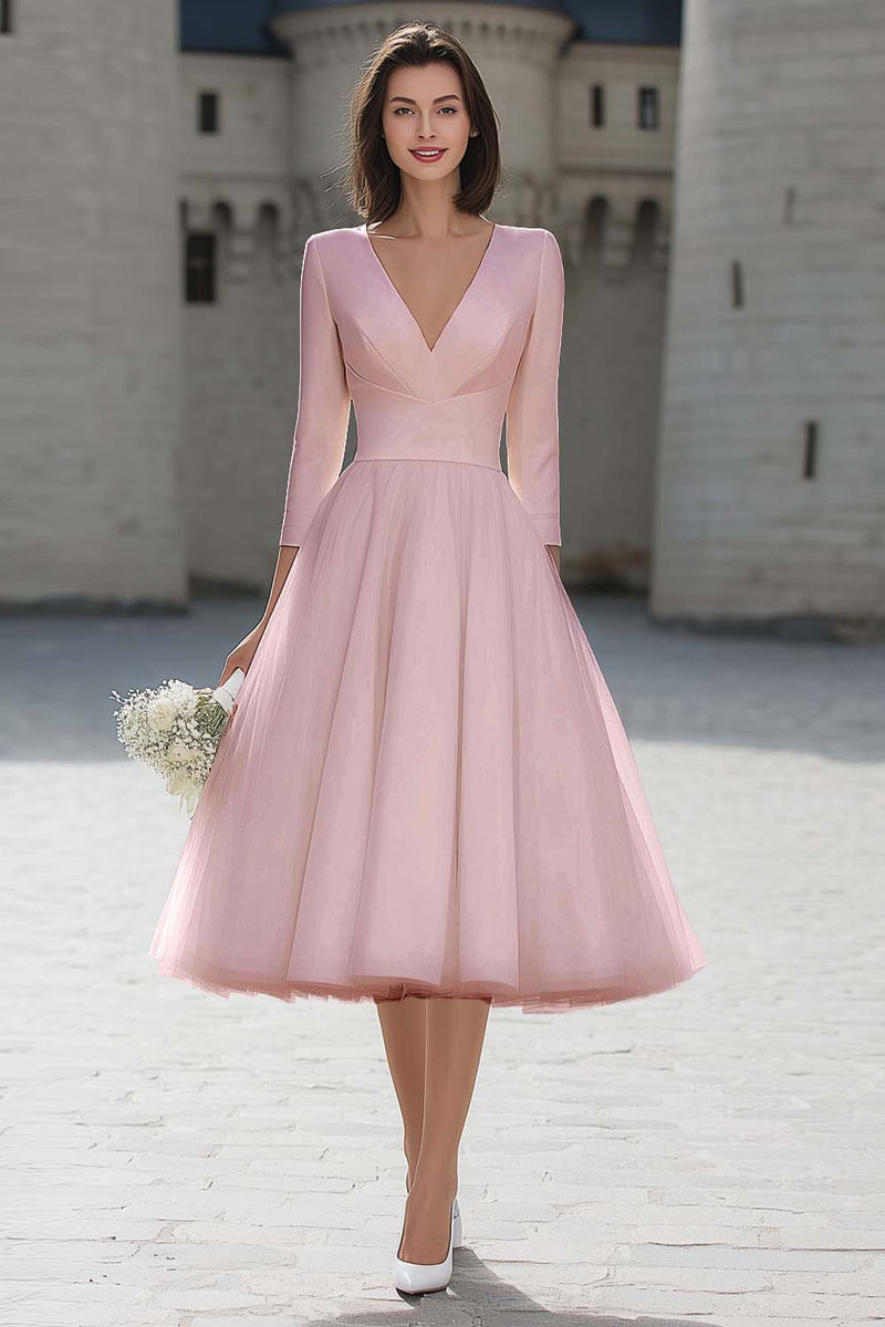 Laden Sie das Bild in den Galerie-Viewer, A-Linie Elfenbein Midi Standesamtkleid mit V-Ausschnitt