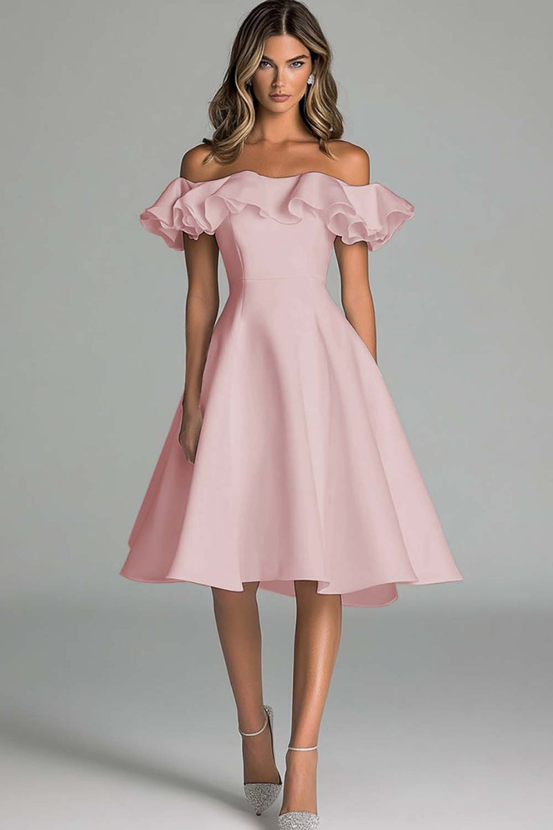 Laden Sie das Bild in den Galerie-Viewer, Weißes Schulterfreies Brautkleid in A-Linie mit Rüschen