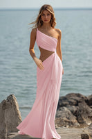 Laden Sie das Bild in den Galerie-Viewer, Weißes Etui Langes Boho Strandkleid mit einer Schulter und Rüschen