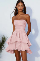 Laden Sie das Bild in den Galerie-Viewer, Himmelblaues Trägerloses A-Linie Chiffon Kurzes Cocaktailkleid mit Rüschen