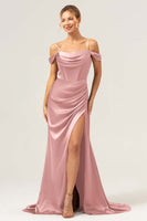 Laden Sie das Bild in den Galerie-Viewer, Kaffee Meerjungfrau Schulterkaltes Korsett Rüschen Langes Brautjungfernkleid mit Schlitz