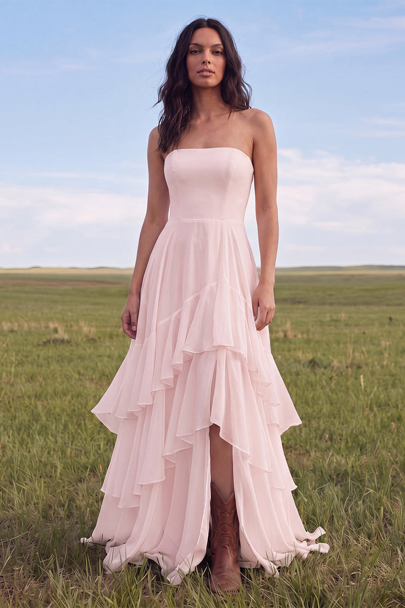 Laden Sie das Bild in den Galerie-Viewer, Trägerloses Elfenbein-A-Linie-Rüschen-Boho-Hochzeitskleid mit Schlitz