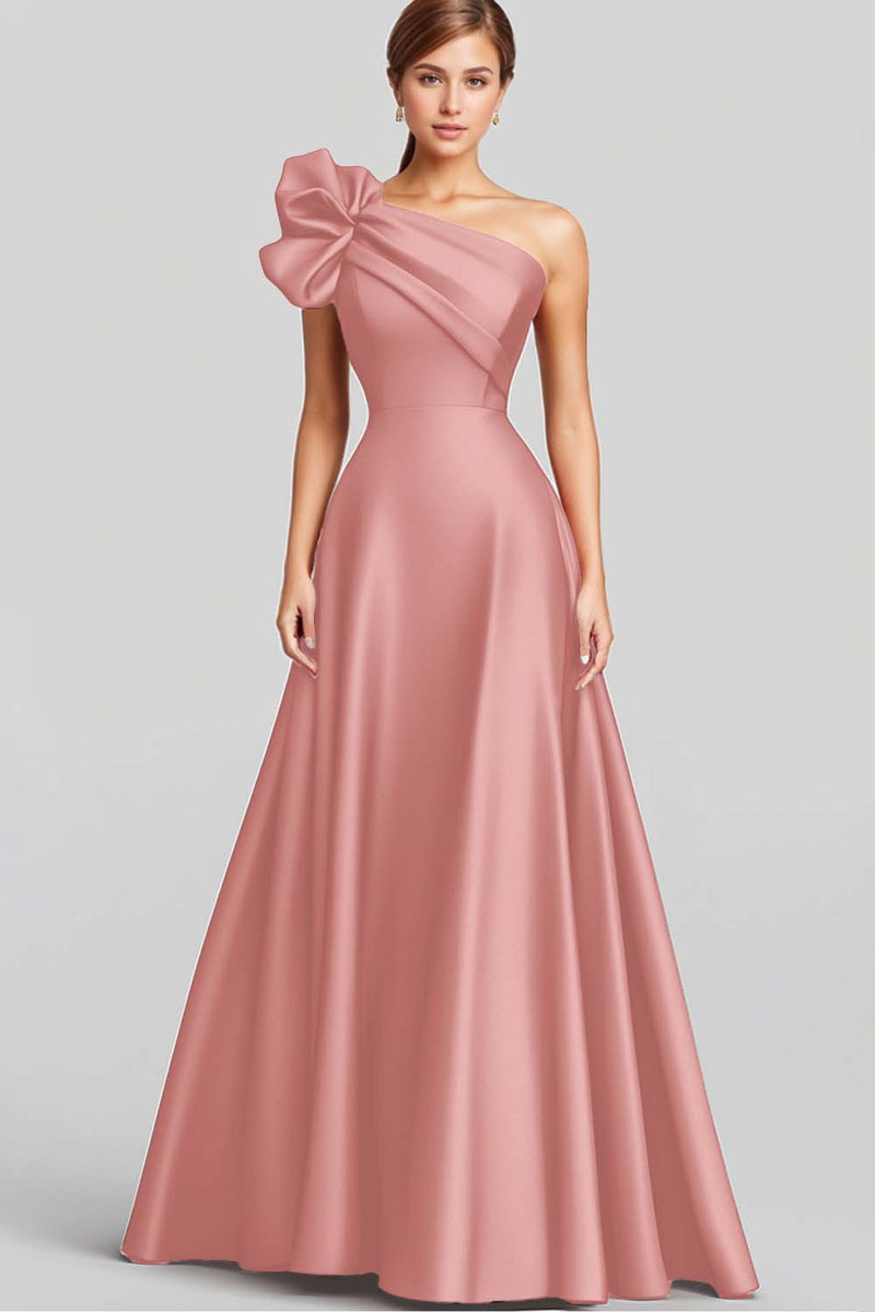 Laden Sie das Bild in den Galerie-Viewer, Marineblaues Langes Satin Abendkleid in A-Linie mit Rüschen und einer Schulter