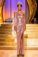 Laden Sie das Bild in den Galerie-Viewer, Glitzerndes Dunkelgrünes Pailletten Meerjungfrauen Einschulter Ballkleid mit Schlitz