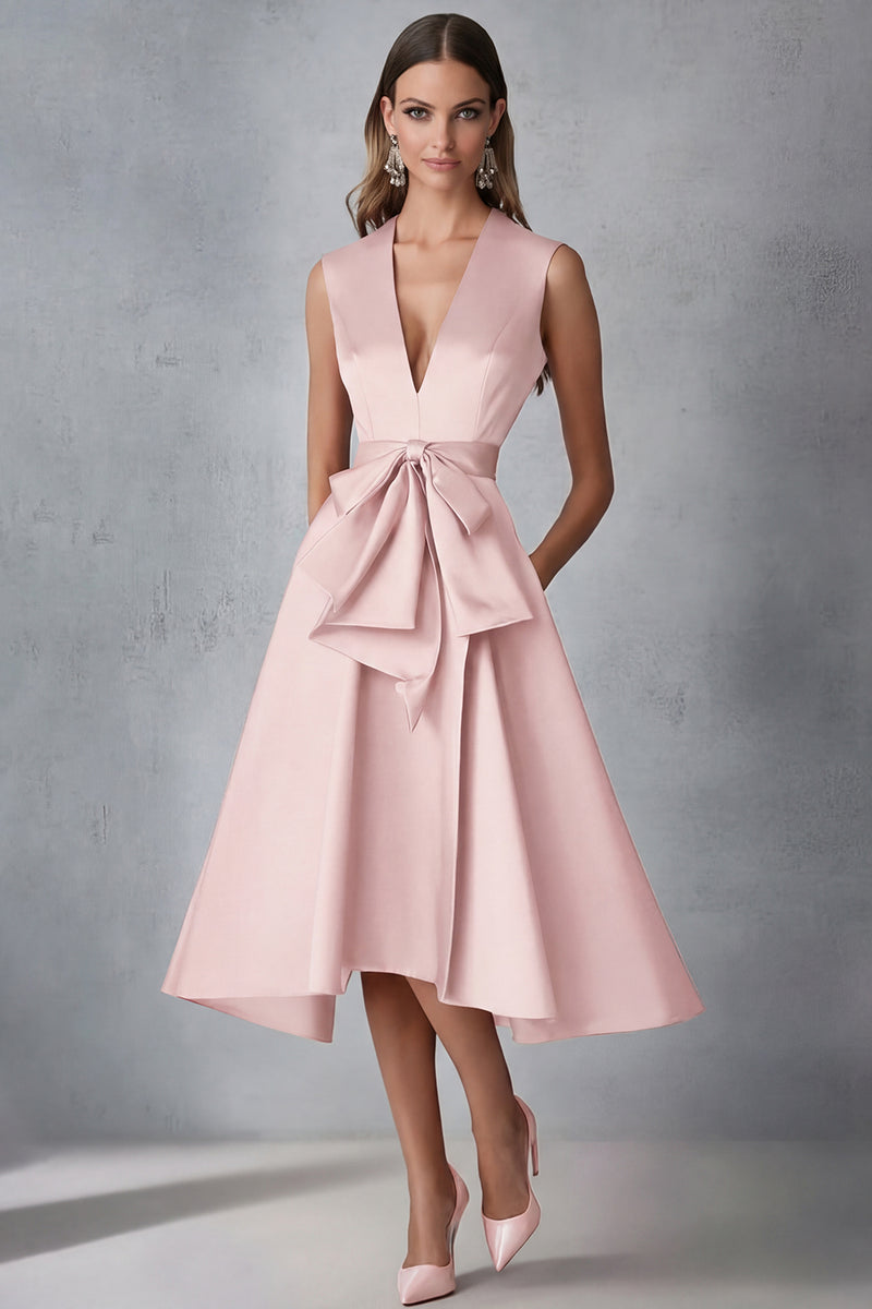 Laden Sie das Bild in den Galerie-Viewer, Fuchsia Satin V-Ausschnitt A-Linie Kleid für Hochzeitsgäste
