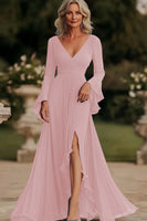 Laden Sie das Bild in den Galerie-Viewer, Dunkelgraues Meerjungfrauen Gerüschtes Chiffon Langes Kleid für die Brautmutter mit langen Ärmeln