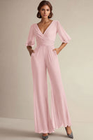 Laden Sie das Bild in den Galerie-Viewer, Marineblaue Chiffon Overalls für die Brautmutter mit V-Ausschnitt und halben Ärmeln
