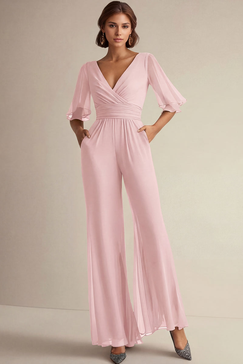 Laden Sie das Bild in den Galerie-Viewer, Marineblaue Chiffon Overalls für die Brautmutter mit V-Ausschnitt und halben Ärmeln