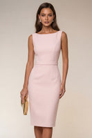 Laden Sie das Bild in den Galerie-Viewer, Elfenbeinfarbener Bodycon Bateau-Ausschnitt Midi-Arbeitskleid mit ärmellosem Kleid