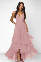 Laden Sie das Bild in den Galerie-Viewer, Rotes Ballkleid mit tiefen V-Ausschnitten und Rüschen in A-Linie